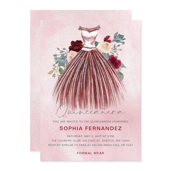 Burgundy Silver glitter Floral Dress Quinceañera