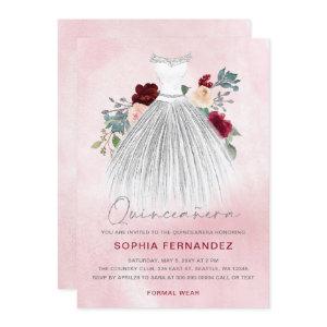 Burgundy Silver glitter Floral Dress Quinceañera