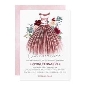 Burgundy Silver glitter Floral Dress Quinceañera