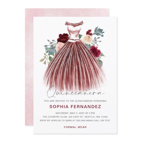 Burgundy Silver glitter Floral Dress Quinceañera