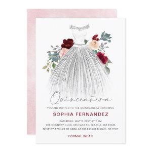Burgundy Silver glitter Floral Dress Quinceañera