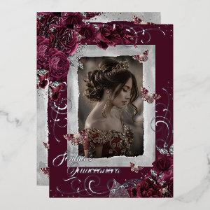 Burgundy Silver Quinceanera Photo Rose Butterfly Foil