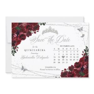 Burgundy & Silver Quinceañera Save The Date