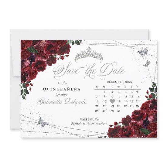 Burgundy & Silver Quinceañera Save The Date