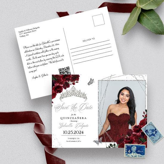 Burgundy Silver Quinceañera Save The Date Photo