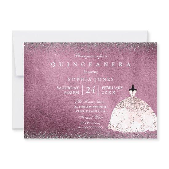 Burgundy Silver Rose Gold Pink Quinceanera Invite