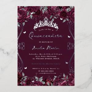 Burgundy Silver Swirl Scroll Floral Quinceanera  Foil