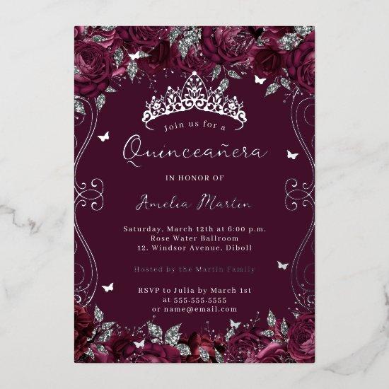 Burgundy Silver Swirl Scroll Floral Quinceanera  Foil