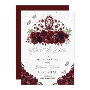 Burgundy & Silver Tiara Save The Date Quinceañera