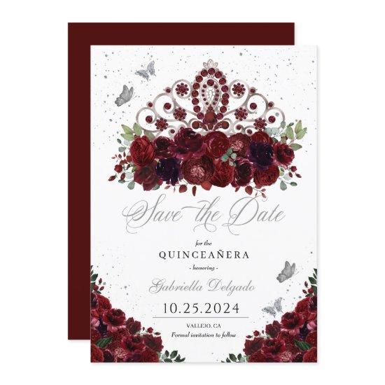 Burgundy & Silver Tiara Save The Date Quinceañera