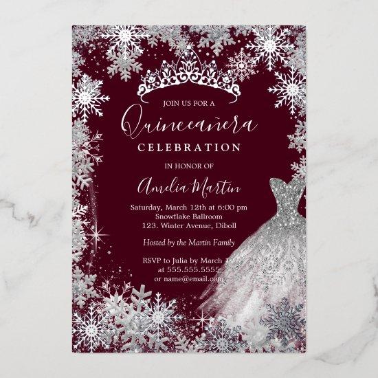 Burgundy Snowflake Winter Quinceanera  Foil