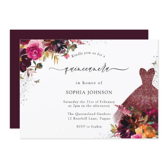 Burgundy Sparkle Dress Floral Quinceanera Party
