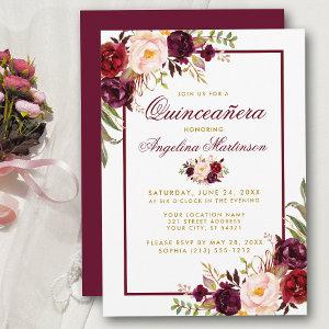 Burgundy Watercolor Floral Gold Quinceanera