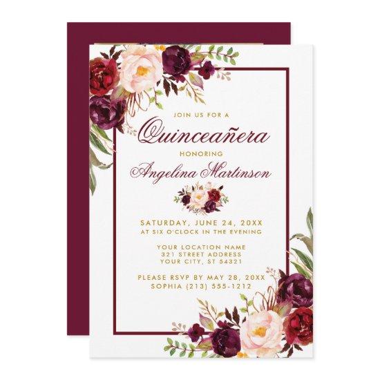 Burgundy Watercolor Floral Gold Quinceanera Photo