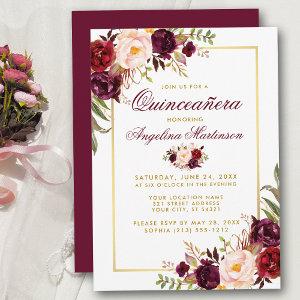 Burgundy Watercolor Floral Quinceanera Gold