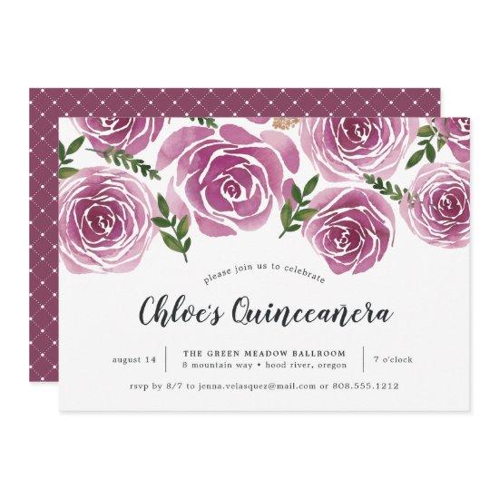 Burgundy Watercolor Floral Roses Quinceañera