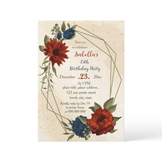 burnt orange navy flowers botanical birthday