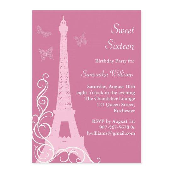 Butterflies in Paris Birthday Invite pink