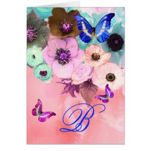 BUTTERFLIES,PINK TEAL  ROSES AND ANEMONE FLOWERS