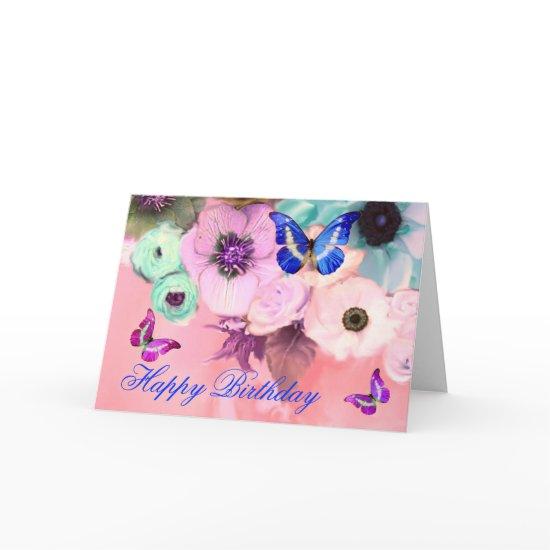 BUTTERFLIES,PINK TEAL  ROSES AND ANEMONE FLOWERS CARD