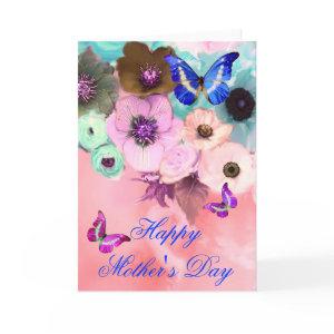 BUTTERFLIES,PINK TEAL  ROSES AND ANEMONE FLOWERS CARD