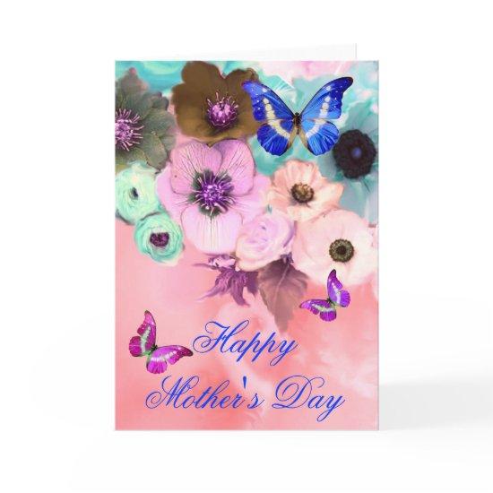 BUTTERFLIES,PINK TEAL  ROSES AND ANEMONE FLOWERS CARD