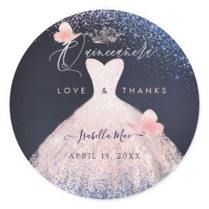 Butterflies Quinceanera Blush Glitter Gown Classic Round Sticker