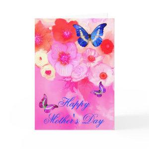 BUTTERFLIES,RED PINK ROSES AND ANEMONE FLOWERS CARD