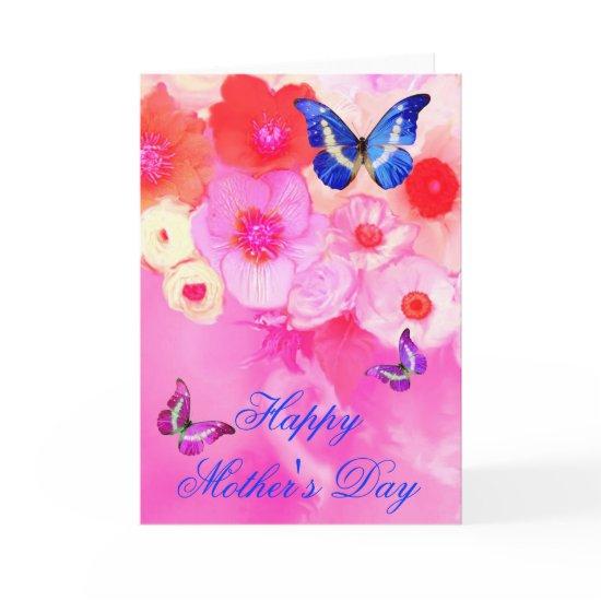 BUTTERFLIES,RED PINK ROSES AND ANEMONE FLOWERS CARD