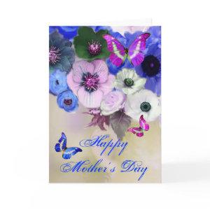 BUTTERFLIES ,WHITE BLUE  ROSES AND ANEMONE FLOWERS CARD