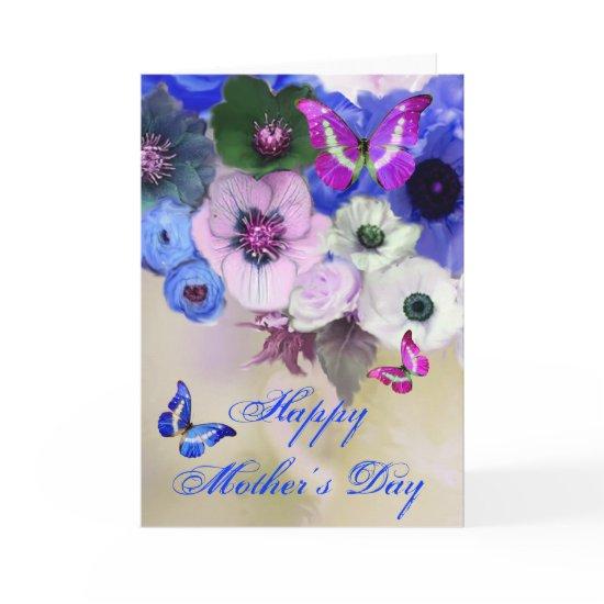 BUTTERFLIES ,WHITE BLUE  ROSES AND ANEMONE FLOWERS CARD