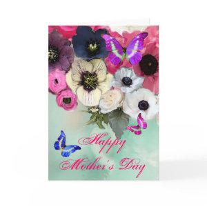 BUTTERFLIES ,WHITE PINK ROSES AND ANEMONE FLOWERS CARD
