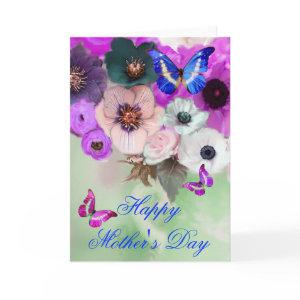 BUTTERFLIES,WHITE PURPLE ROSES AND ANEMONE FLOWERS CARD
