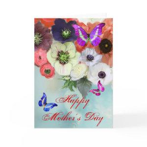 BUTTERFLIES ,WHITE RED  ROSES AND ANEMONE FLOWERS CARD