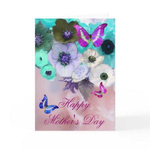 BUTTERFLIES ,WHITE TEAL ROSES AND ANEMONE FLOWERS CARD