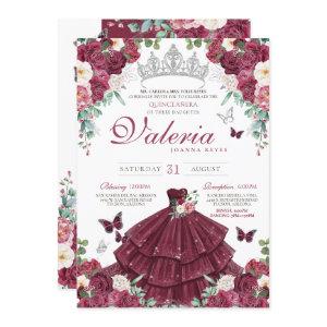 Butterfly Burgundy Red Silver Floral Quinceañera