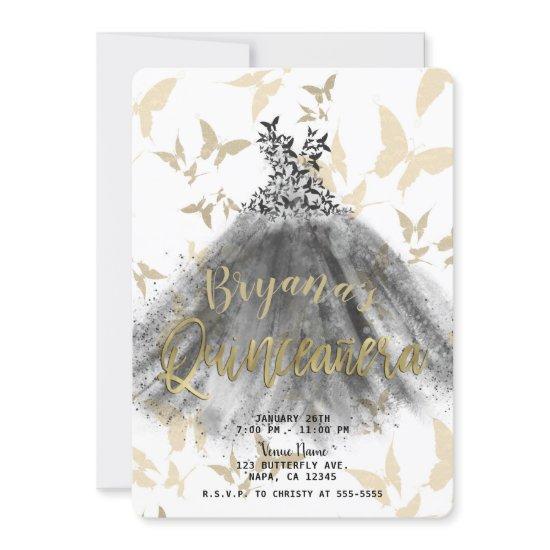 Butterfly Dance Dress Black & Gold Quinceañera 15