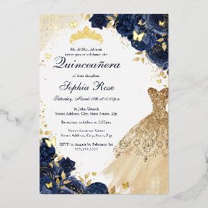 Butterfly Floral Dress Navy Gold Quinceanera Foil