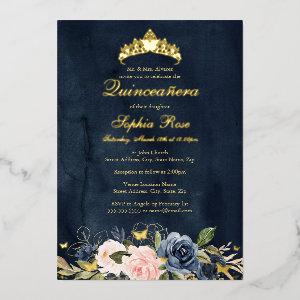 Butterfly Floral Navy Pink Quinceanera Foil