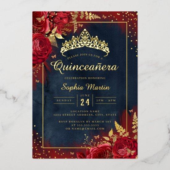 Butterfly Floral Red Gold Quinceanera  Foil