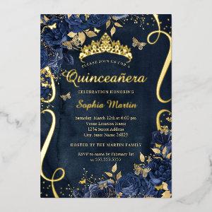 Butterfly Flower Elegant Gold Navy Quinceanera Foil