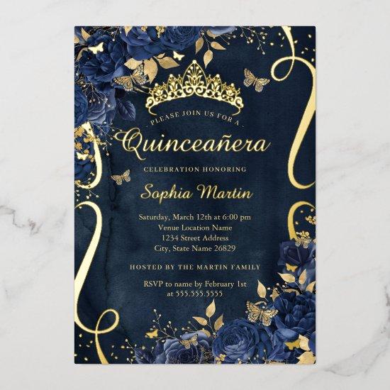 Butterfly Flower Elegant Gold Navy Quinceanera Foil