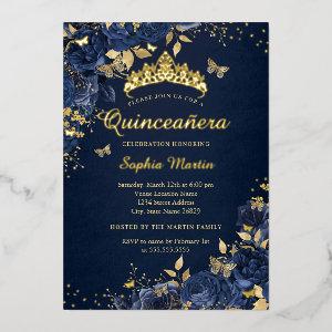 Butterfly Flower Gold Royal Navy Quinceanera Foil