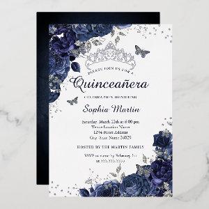 Butterfly Flower Navy Silver Quinceanera Foil