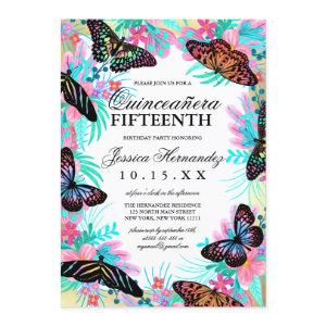 Butterfly Flowers Leaves Watercolor Quinceañera