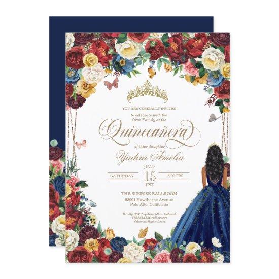 Butterfly Garden Burgundy Blue Floral Quinceanera