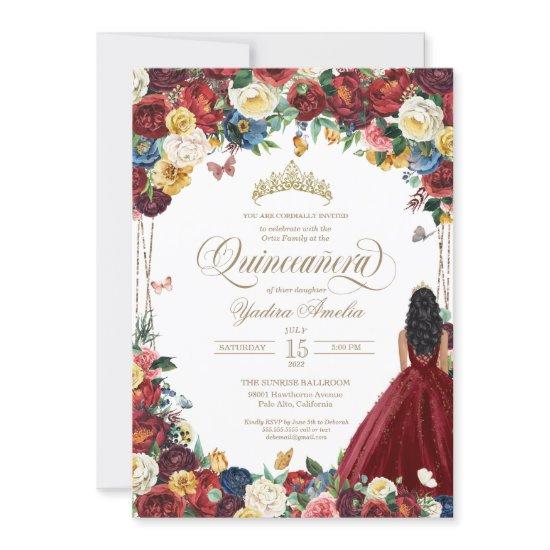 Butterfly Garden Burgundy Blue Floral Quinceanera