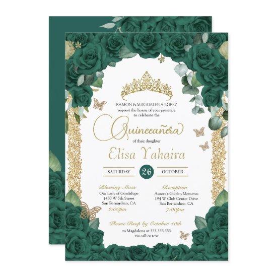 Butterfly Jade Green Rose and Gold Quinceanera