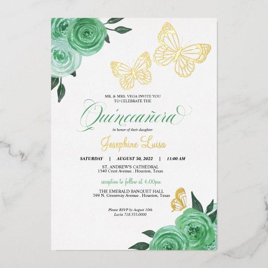 Butterfly Mint Green Roses Quinceanera Real Foil