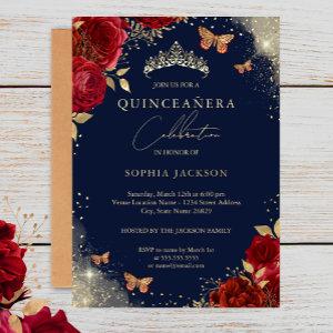Butterfly Navy Red Rose Gold Tiara Quinceanera  Foil